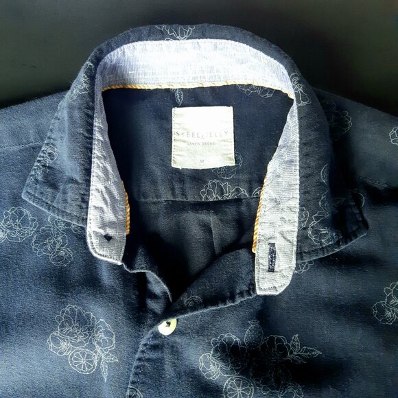 Steel & Jelly SZ M Linen & Cotton Navy Print Men's Short Sleeve Button Up Shirt - Picture 14 of 14